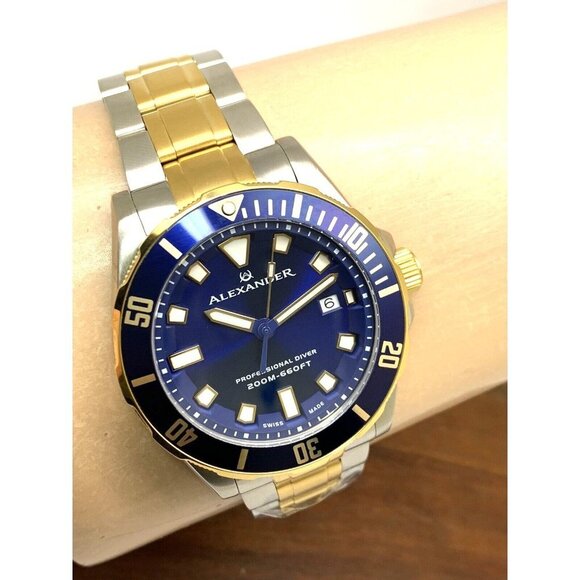 Alexander Men's Watch A501B Swiss Quartz Diver Blue Dial Two Tone Steel 42mm - Picture 12 of 15